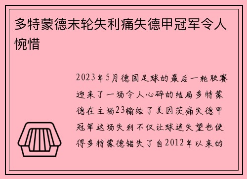 多特蒙德末轮失利痛失德甲冠军令人惋惜 多特蒙德末轮失利痛失德甲冠军令人惋惜