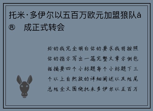 托米·多伊尔以五百万欧元加盟狼队完成正式转会