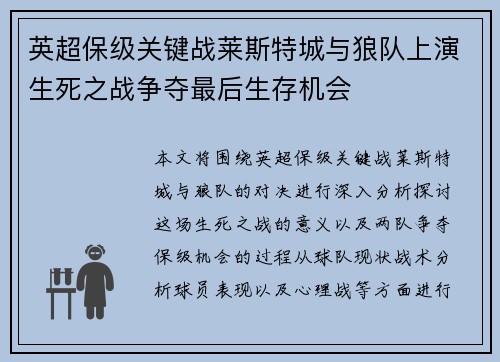 英超保级关键战莱斯特城与狼队上演生死之战争夺最后生存机会
